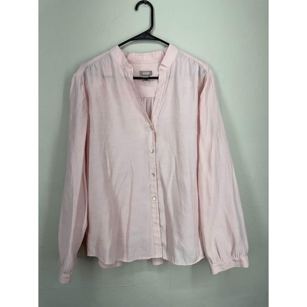 Chico's Shirt Size 3 Pink Long Sleeve Mandarin Collar Lightweight Button Front